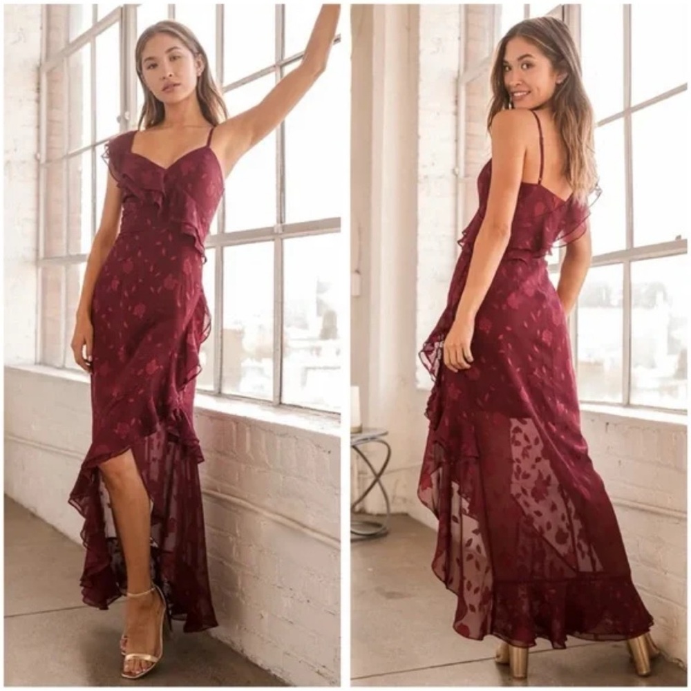 Lulu's Burgundy Asymmetrical One Shoulder Gown